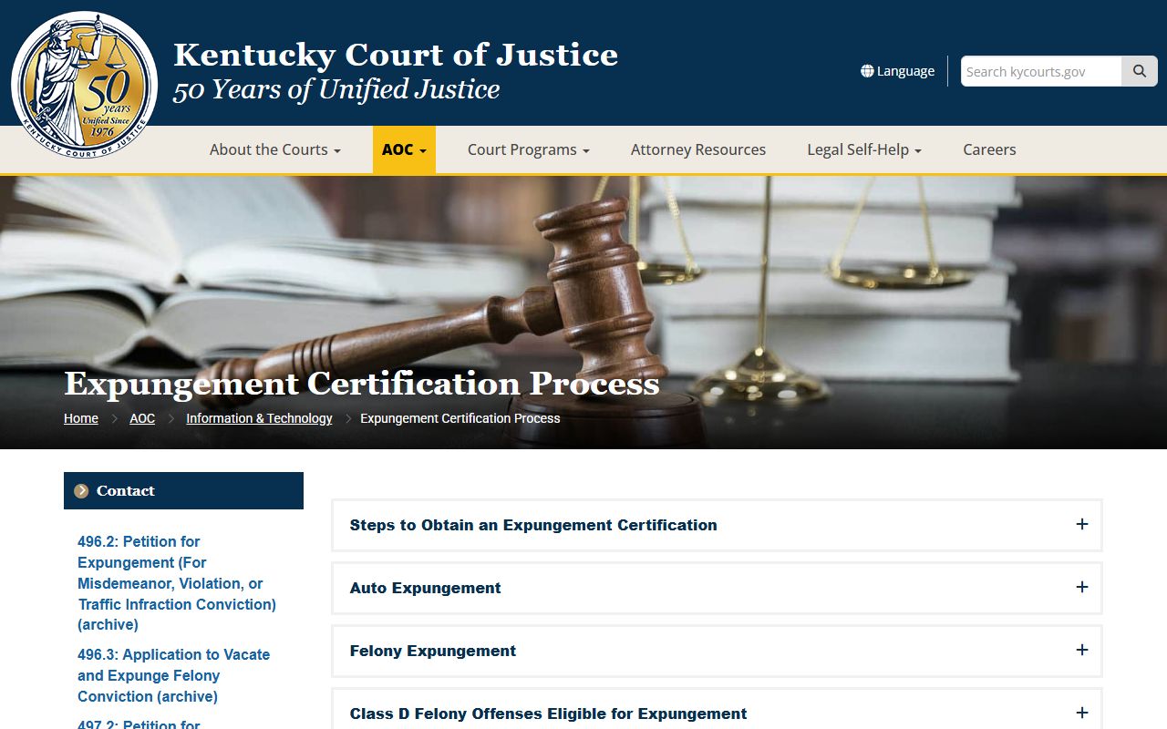 Woodford County court records Kentucky expungement certification page